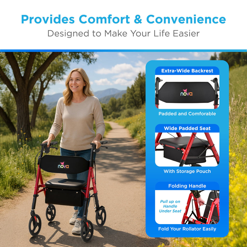 Foldable Rollator Walker with Seat, 400 lb Weight Capacity, 8” All-Terrain Wheels, Red U4387